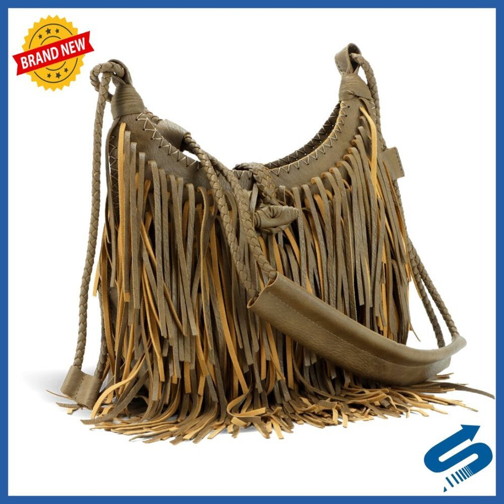 Vegan Faux Suede Hobo Bag with Fringe Tassel Crossbody Shoulder Purse